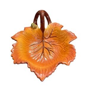 FIGI Autumn Leaf Handled Bowl Candy Nut Dish Fall Thanksgiving Orange Ceramic